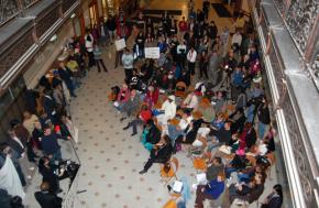 Protesters gathered in Milwaukee's City Hall to demonstrate against a proposed mayoral takeover of public schools