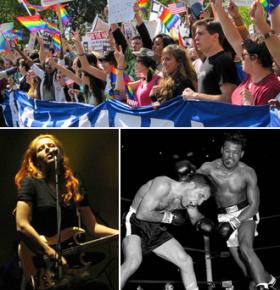 Clockwise from top: National Equality March, Sugar Ray Robinson in the ring, and Neko Case